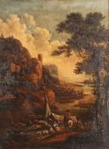 A Mountainous River Landscape With Figures Loading Barges Oil Painting by Gerrit Van Battem