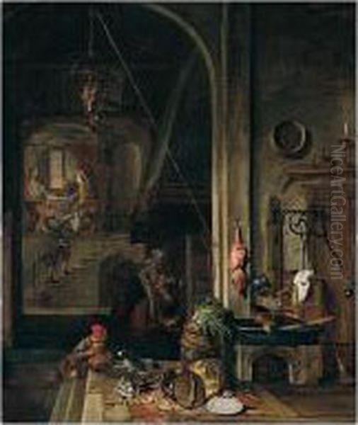 The Interior Of A Kitchen With The Supper At Emmaus Oil Painting by Gerrit Van Battem