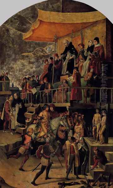 The Court of Inquisition Chaired by St. Dominic 1500 Oil Painting by Pedro Berruguette