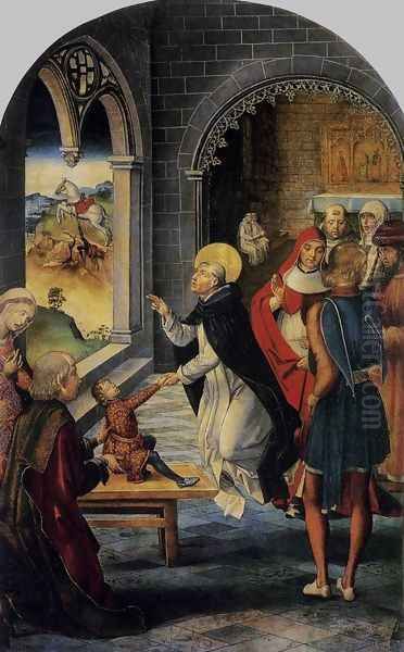 St Dominic Resurrects a Boy c. 1495 Oil Painting by Pedro Berruguette