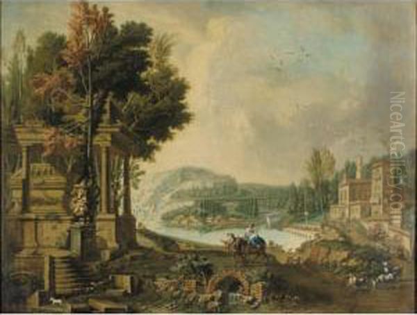 An Italianate River Lanscape With The Flight Into Egypt Oil Painting by Giovanni Battista