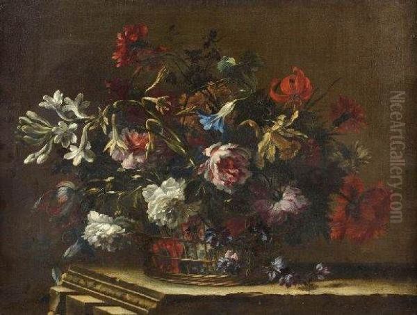 Bouquet De Fleurs Dans Un Panier Ajoure Oil Painting by Nicolas Baudesson