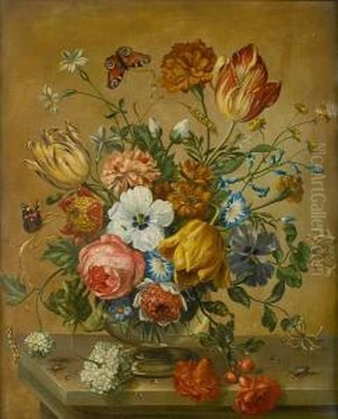 Tulips, Roses And Other Flowers In A Vase Oil Painting by Nicolas Baudesson