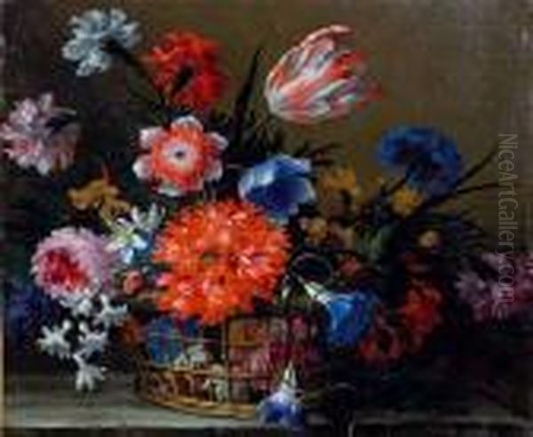 Corbeille De Fleurs Sur Un Entablement Oil Painting by Nicolas Baudesson