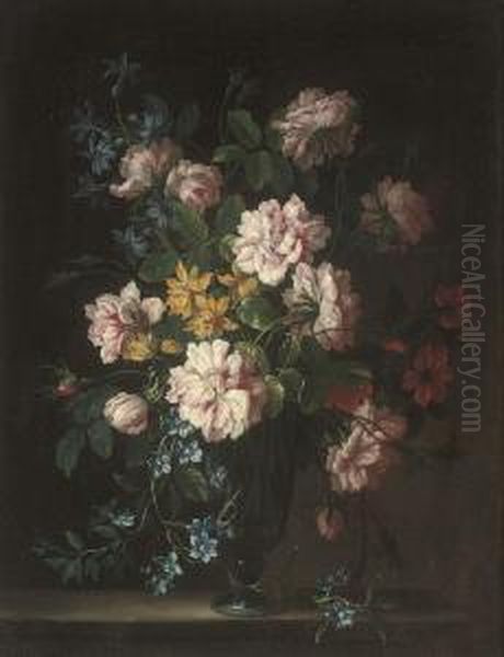 Roses, Aquilegia, Bluebells And Other Flowers In A Glass Vase On Astone Ledge Oil Painting by Nicolas Baudesson