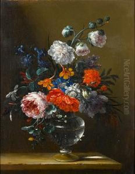 Carnations, Jasmine, Peonies, Lilac, Harebellsin A Glass Vase On A Table-top Oil Painting by Nicolas Baudesson