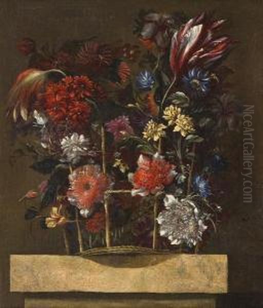 Canestra Con Fiori Su Una Colonna Oil Painting by Nicolas Baudesson