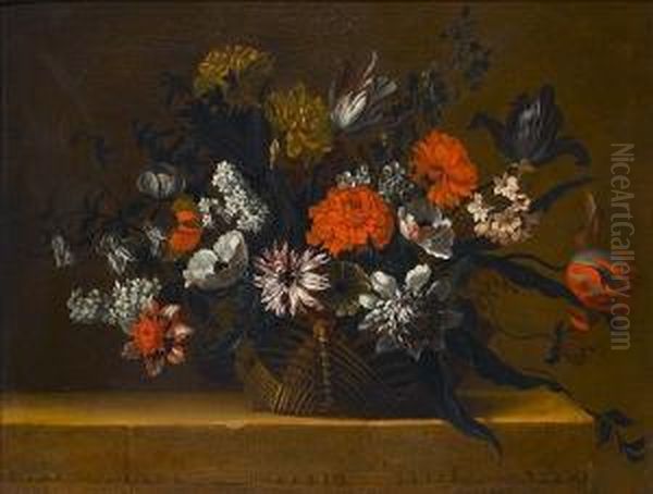 Tulips, Chrysanthemums, Honeysuckle And Other Flowers In A Basket On A Stone Ledge Oil Painting by Nicolas Baudesson