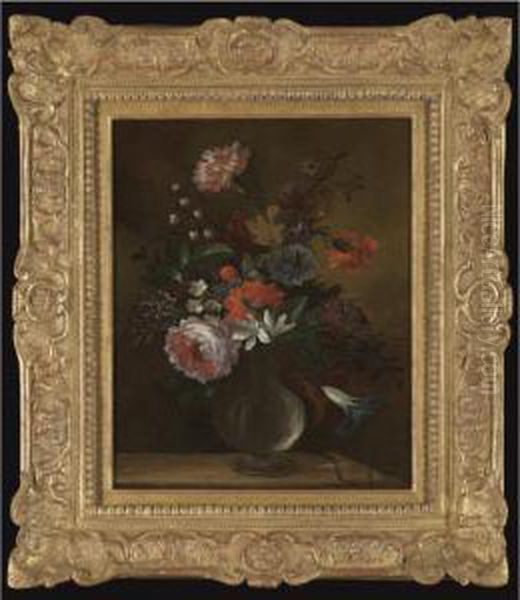 Still Life Of Flowers Including 
Roses, Carnations And Lily Of The Valley, In A Glass Vase On A Stone 
Ledge Oil Painting by Nicolas Baudesson