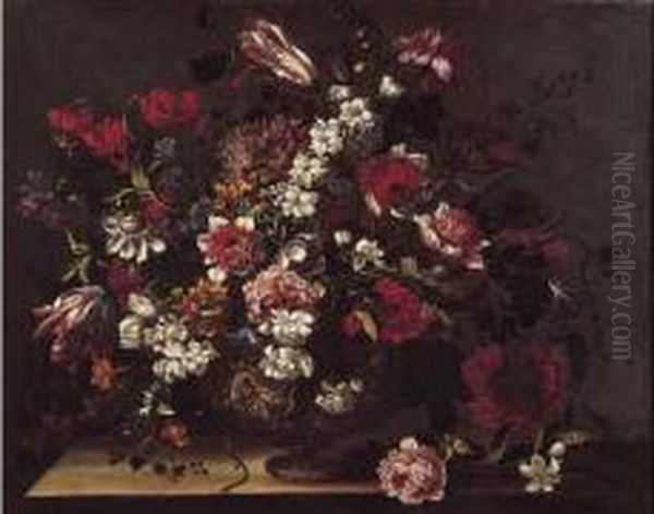 Bouquet De Fleurs Dans Un Vase Sculpte. Oil Painting by Nicolas Baudesson