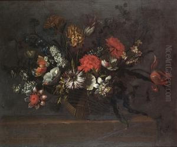 Tulips, Chrysanthemums, Poppies,
 Delphiniums And Other Flowers In A Wicker Basket On A Stone Ledge Oil Painting by Nicolas Baudesson