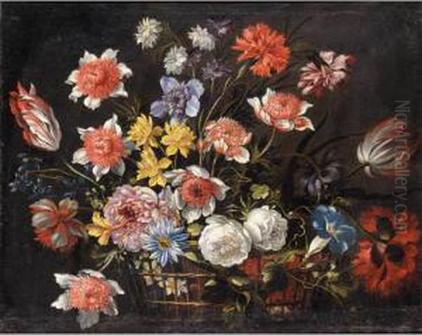 Still Life With Carnations, 
Tulips And Various Other Flowers In A Basket On A Stone Ledge Oil Painting by Nicolas Baudesson