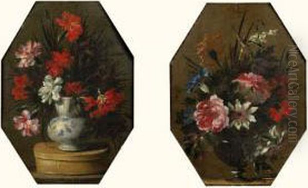 - Nature Morte Au Bouquet De Fleurs Dans Un Vase De Verre Pose Sur
 Un Entablement - Nature Morte Au Bouquet De Fleurs Dans Un Vase De Ceramique Pose
 Sur Une Boite De Copeaux Oil Painting by Nicolas Baudesson