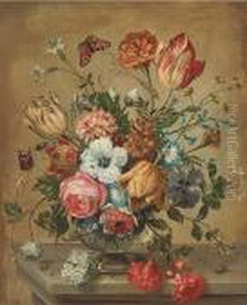 Tulips, Roses And Other Flowers In A Glass Vase Oil Painting by Nicolas Baudesson