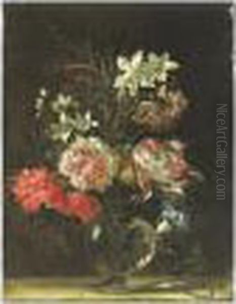 Bouquet De Fleurs Dans Un Vase Sur Un Entablement Oil Painting by Nicolas Baudesson