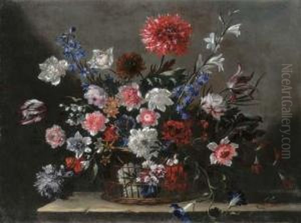 Poppies, Tulips, Morning Glory And Other Flowers In A Basket On Astone Ledge Oil Painting by Nicolas Baudesson