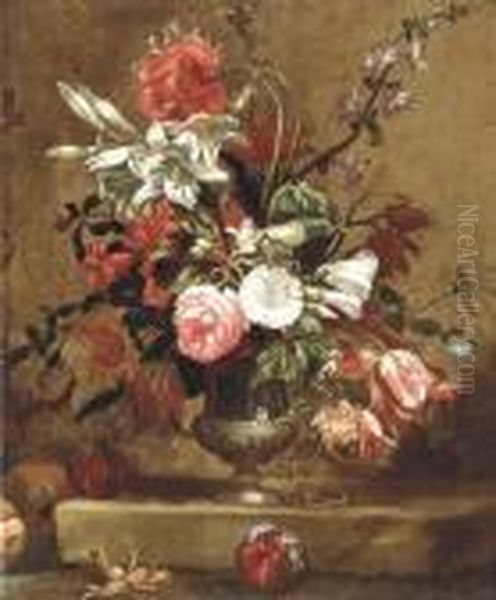 Peonies, Campanulae, Madonna Lilies And Other Flowers In An Urn Ona Stone Ledge Oil Painting by Nicolas Baudesson