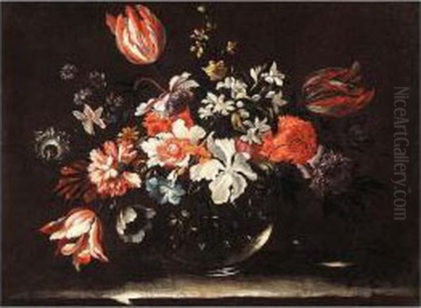 Still Life With Lilies, Irises And Other Flowers In A Glass Vase, On A Stone Ledge Oil Painting by Nicolas Baudesson