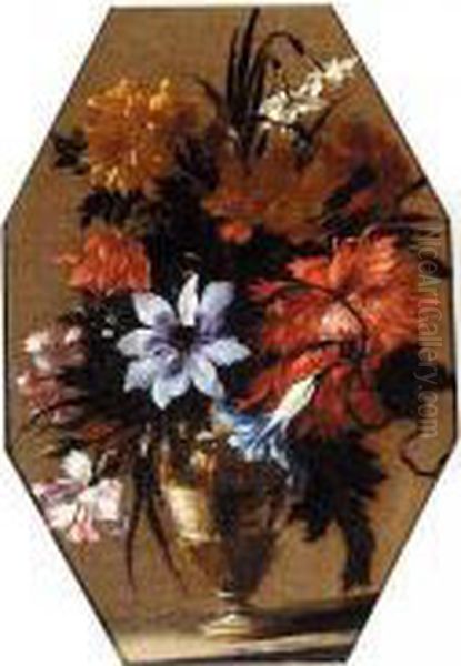 A Bouquet Of Flowers In A Vase On A Stone Ledge Oil Painting by Nicolas Baudesson