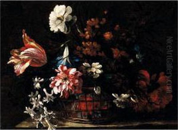 Still Life Of A Basket Of Flowers Upon A Stone Ledge Oil Painting by Nicolas Baudesson