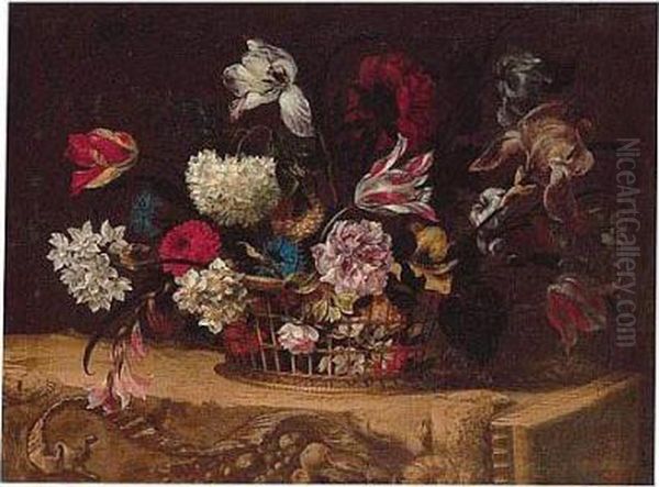 Still Life Of Summer Flowers In A Wicker Basket Upon A Stone Frieze Oil Painting by Nicolas Baudesson