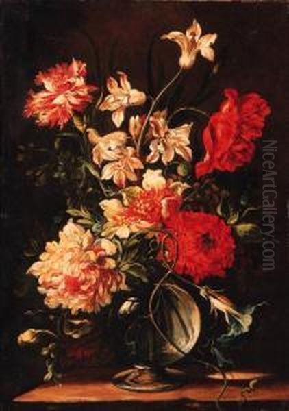 Morning Glory, Chrysanthemums, 
Carnations And Other Flowers In Aglass Vase On A Stone Ledge Oil Painting by Nicolas Baudesson