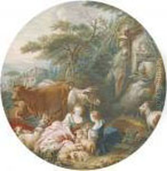 Two Shepherdesses With Their 
Flocks And Herds By An Antique Spring,classical Ruins Seen Beyond Oil Painting by Pierre-Antoine Baudouin