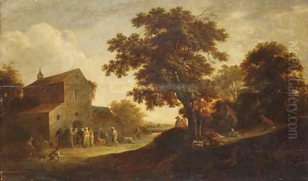 A wooded Landscape with Peasants gathered outside a Church Oil Painting by Pieter de Bloot