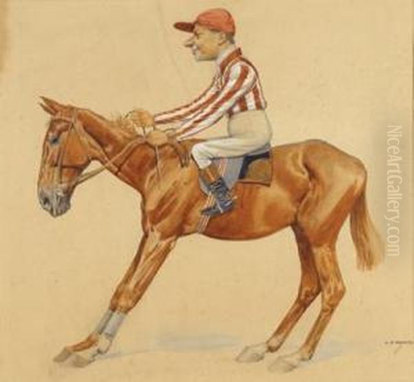 Reitpferd Mit Jockey Oil Painting by C. Bauer