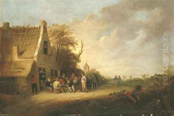 Peasants merrymaking outside an inn Oil Painting by Pieter de Bloot