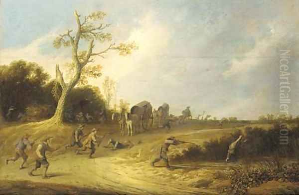 A dune landscape with bandits ambushing travellers in wagons Oil Painting by Pieter de Bloot