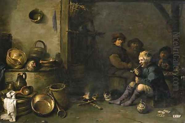 Boors smoking by a fire in a barn, with pots, pans and other kitchen utensils in the foreground Oil Painting by Pieter de Bloot