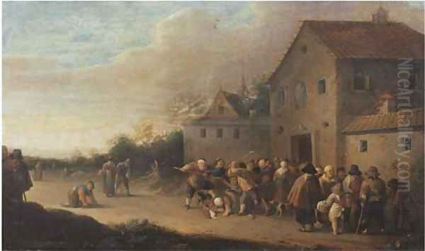 A village landscape with the Distribution of Bread to the Poor Oil Painting by Pieter de Bloot