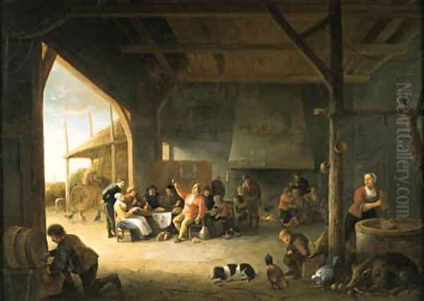 The interior of a barn with boors carousing Oil Painting by Pieter de Bloot