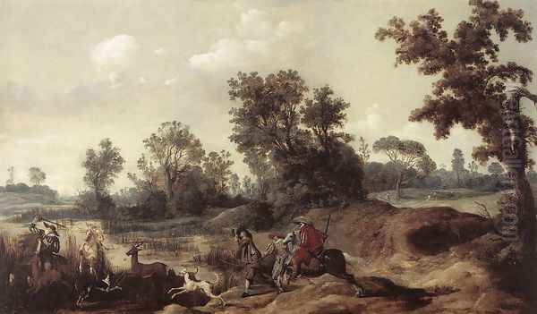 Stag Hunting in the Dunes 1625-29 Oil Painting by Gerrit Claesz Bleker