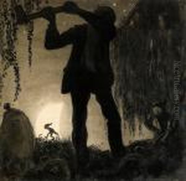 Huj Vad Det Gick! Han Hogg Upp Bade Rotter Och Stubbar Oil Painting by John Bauer