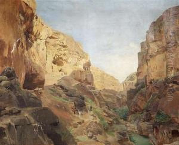 River Valley Wadi Kelt Which 
Leads To Jericho. Oil/canvas. Expertise: Hugo Schmid, Sulz/neckar 2007. 
For Other Depictions Of The Wadi Kelt By Bauernfeind Confer Schmid, 
Hugo, Der Maler Gustav Bauernfeind Oil Painting by Gustave Bauernfeind