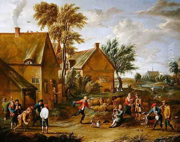 A Game of Bowls by a Tavern Oil Painting by Alexander van Bredael