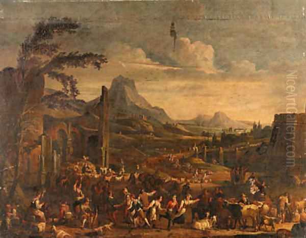 A Market scene with Peasants dancing before ruined Buildings in a mountainous Landscape Oil Painting by Alexander van Bredael