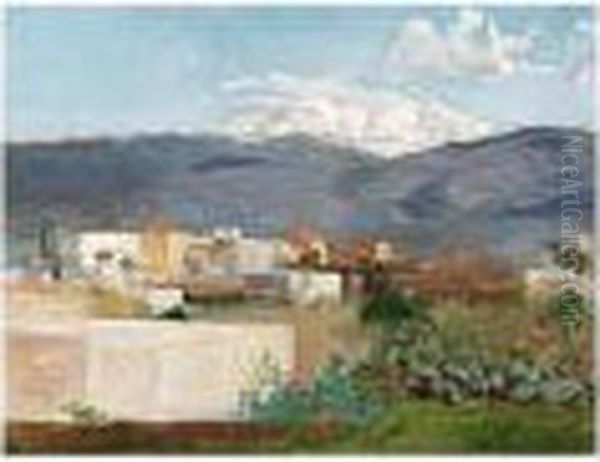 A Village In Front Of Antilibanon And Hermon; Houses At The Water Oil Painting by Gustave Bauernfeind