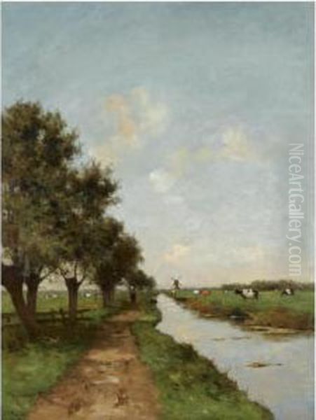 A Polder Landscape With A Windmill In The Distance Oil Painting by Victor Bauffe