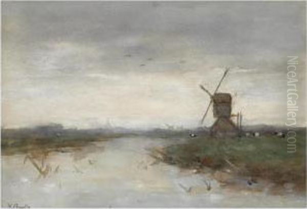 A Windmill In A Polder Landscape Oil Painting by Victor Bauffe