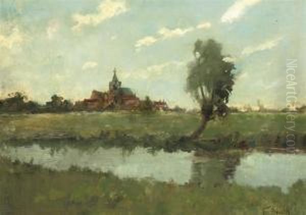 An Extensive Polderlandscape With The Church Of Kortenhoefbeyond Oil Painting by Victor Bauffe