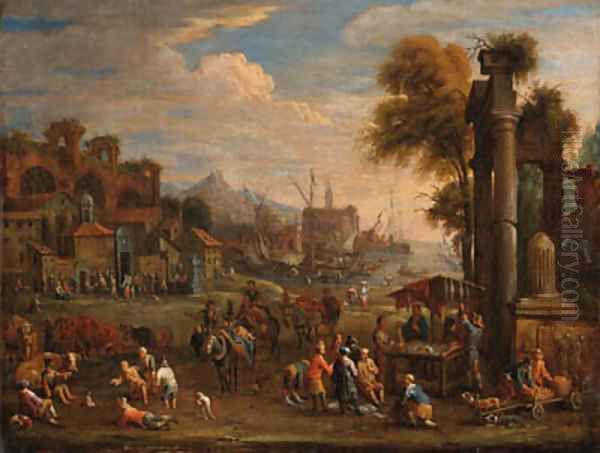 Peasants by a Mediterranean harbour with classical ruins Oil Painting by Alexander van Bredael