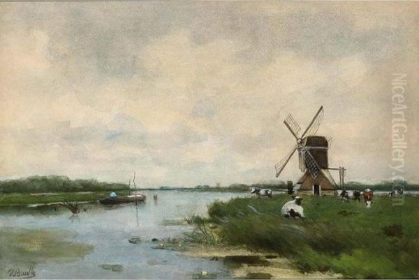 A River Landscape With A Windmill And Cattle Oil Painting by Victor Bauffe