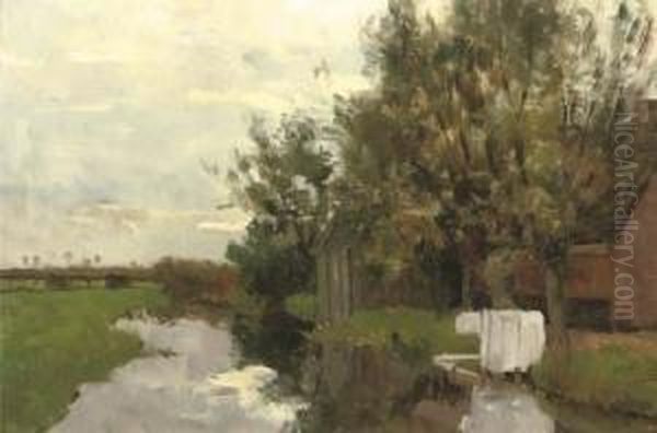 Farmhouse Along A Quiet Stream Oil Painting by Victor Bauffe