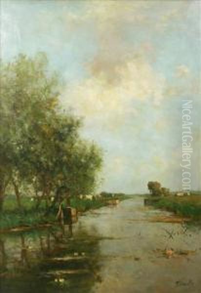 A Dutch Canal Oil Painting by Victor Bauffe