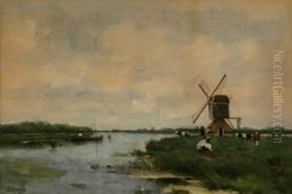 A Polder Landscape With Windmill Oil Painting by Victor Bauffe