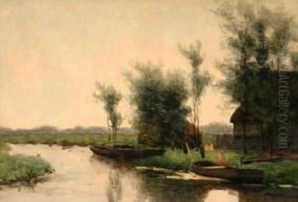 A Polder Landscape Oil Painting by Victor Bauffe