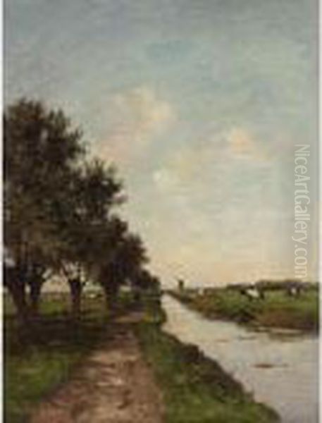 Grazing Cows In A Polder Landscape Oil Painting by Victor Bauffe